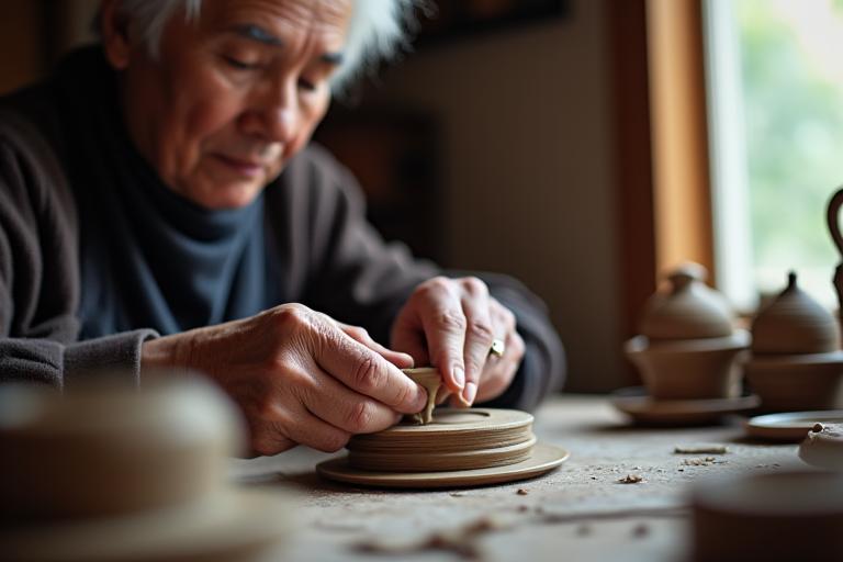 Close-up shot of an elderly artisan’s hands carefully crafting a piece of pottery.