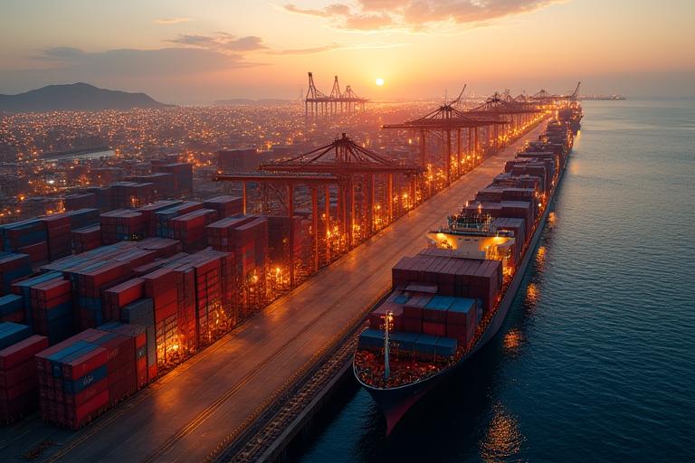 An aerial view of a massive container shipping port at dusk.