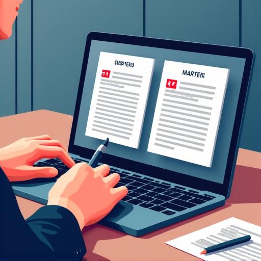 A person writing on a laptop with finalized articles drafts on the screen.
