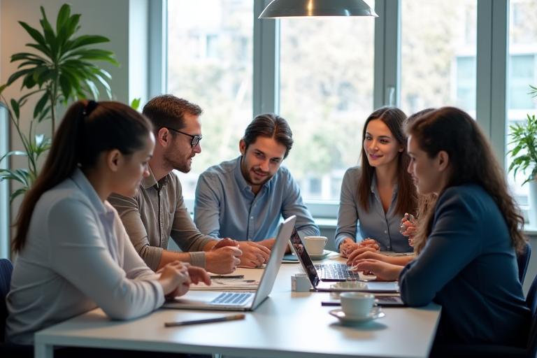 A diverse group of colleagues collaborating around a table in a modern office.