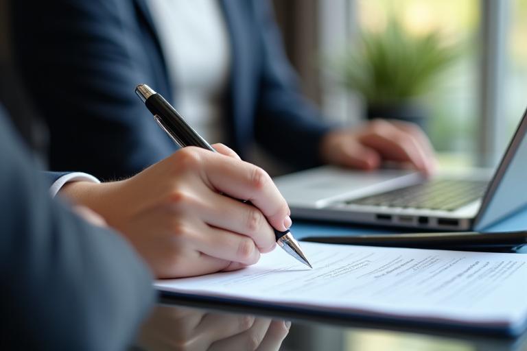 A journalist conducting an interview in a professional setting, focus on hands taking notes.